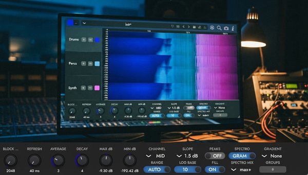 A close-up shot of the Spectrum 2 plugin UI, showing a multi-channel spectrogram with different colored lines representing distinct audio tracks. The UI is clean and modern, integrated into a dark, professional DAW environment on a studio monitor. Soft, f