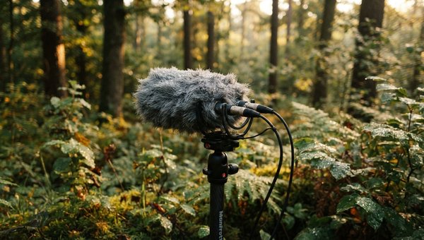 Close-up of a high-quality stereo field microphone array, like a Rycote windshield with a pair of small-diaphragm condensers, positioned in a lush, dewy forest environment. The focus is on the microphone capsules and windshield, with a blurred natural bac