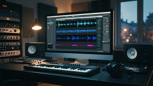 A hyper-realistic, high-resolution hero shot of a modern music production studio at dusk. At the heart of the image, a large, pristine monitor displays the Oszillos Mega Scope plugin UI, rendered with exquisite detail and sharp clarity. The plugin interfa