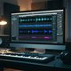 A hyper-realistic, high-resolution hero shot of a modern music production studio at dusk. At the heart of the image, a large, pristine monitor displays the Oszillos Mega Scope plugin UI, rendered with exquisite detail and sharp clarity. The plugin interfa