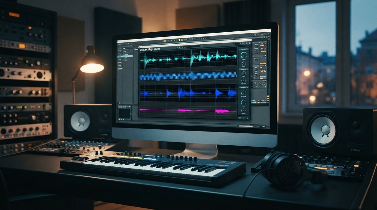 A hyper-realistic, high-resolution hero shot of a modern music production studio at dusk. At the heart of the image, a large, pristine monitor displays the Oszillos Mega Scope plugin UI, rendered with exquisite detail and sharp clarity. The plugin interfa