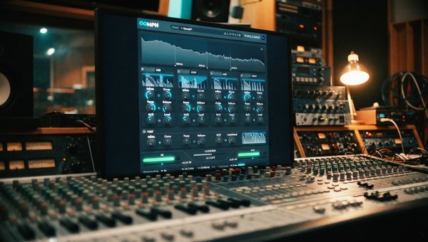 A clear, well-lit screenshot of the OOMPH multi-band dynamic enhancement plugin UI displayed on a studio monitor, surrounded by a realistic, professional mixing studio environment with subtle lighting and a mixing console visible in the foreground.