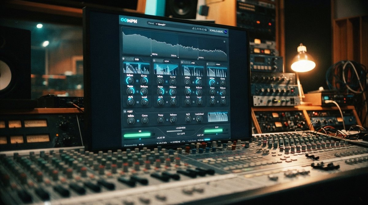 A clear, well-lit screenshot of the OOMPH multi-band dynamic enhancement plugin UI displayed on a studio monitor, surrounded by a realistic, professional mixing studio environment with subtle lighting and a mixing console visible in the foreground.