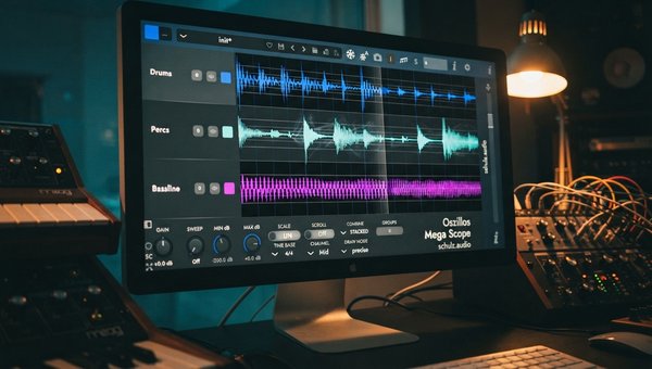 A close-up shot of the Oszillos Mega Scope plugin interface on a computer screen in a dimly lit, modern studio environment. The oscilloscope displays a complex, glitchy, and transient-rich waveform, with subtle light trails indicating movement. The screen