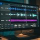 A close-up shot of the Oszillos Mega Scope plugin interface on a computer screen in a dimly lit, modern studio environment. The oscilloscope displays a complex, glitchy, and transient-rich waveform, with subtle light trails indicating movement. The screen