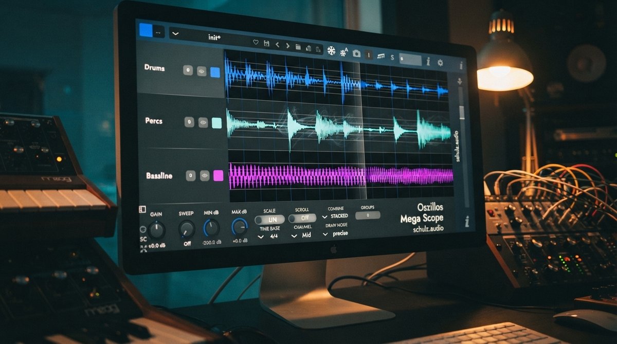 A close-up shot of the Oszillos Mega Scope plugin interface on a computer screen in a dimly lit, modern studio environment. The oscilloscope displays a complex, glitchy, and transient-rich waveform, with subtle light trails indicating movement. The screen