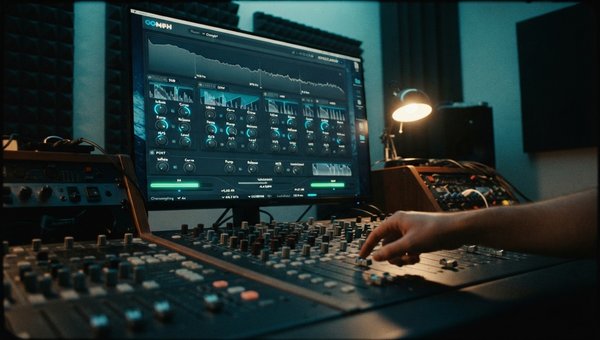 A close-up shot of a professional audio mixing desk in a dimly lit studio. On the main monitor, the `OOMPH` multiband dynamic enhancement plugin UI is clearly visible and in focus, displaying its four flexible frequency bands and controls. A hand is subtl