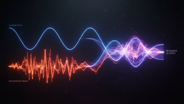 Abstract visualization of sound waves, with one clean, smooth waveform blending with another, more jagged and harmonically rich waveform, illustrating the concept of parallel saturation. Use vibrant colors and dynamic lines to show the interaction, withou