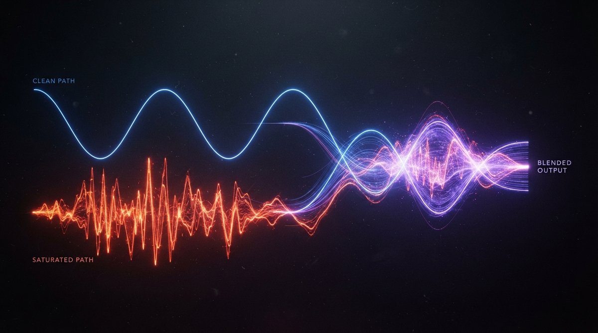 Abstract visualization of sound waves, with one clean, smooth waveform blending with another, more jagged and harmonically rich waveform, illustrating the concept of parallel saturation. Use vibrant colors and dynamic lines to show the interaction, withou
