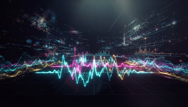 An abstract, volumetric visualization of sound in a three-dimensional space, representing stereo width and depth. The image shows vibrant, glowing waveforms and frequency spectra spreading horizontally and receding into the background, with some elements 