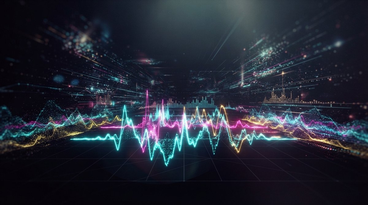 An abstract, volumetric visualization of sound in a three-dimensional space, representing stereo width and depth. The image shows vibrant, glowing waveforms and frequency spectra spreading horizontally and receding into the background, with some elements 