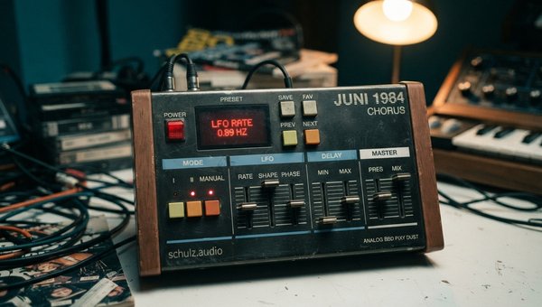 A photorealistic, close-up render of a premium, vintage-inspired stereo modulation hardware unit. Envision a sleek 1980s-style 1U rackmount device or a robust desktop unit, meticulously crafted from brushed dark metal with polished chrome accents. Large, 