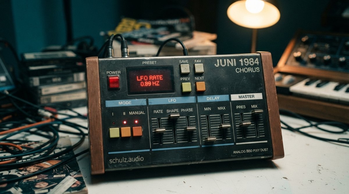 A photorealistic, close-up render of a premium, vintage-inspired stereo modulation hardware unit. Envision a sleek 1980s-style 1U rackmount device or a robust desktop unit, meticulously crafted from brushed dark metal with polished chrome accents. Large, 
