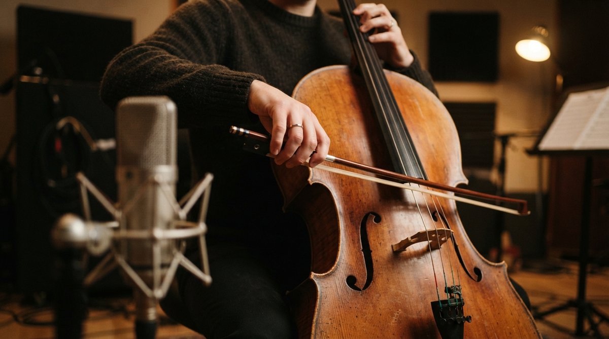 A close-up shot focusing on the hands of a musician gently bowing a cello, with a high-quality condenser microphone positioned carefully in the foreground, slightly blurred. The background shows a dimly lit, warm-toned studio space with subtle acoustic pa