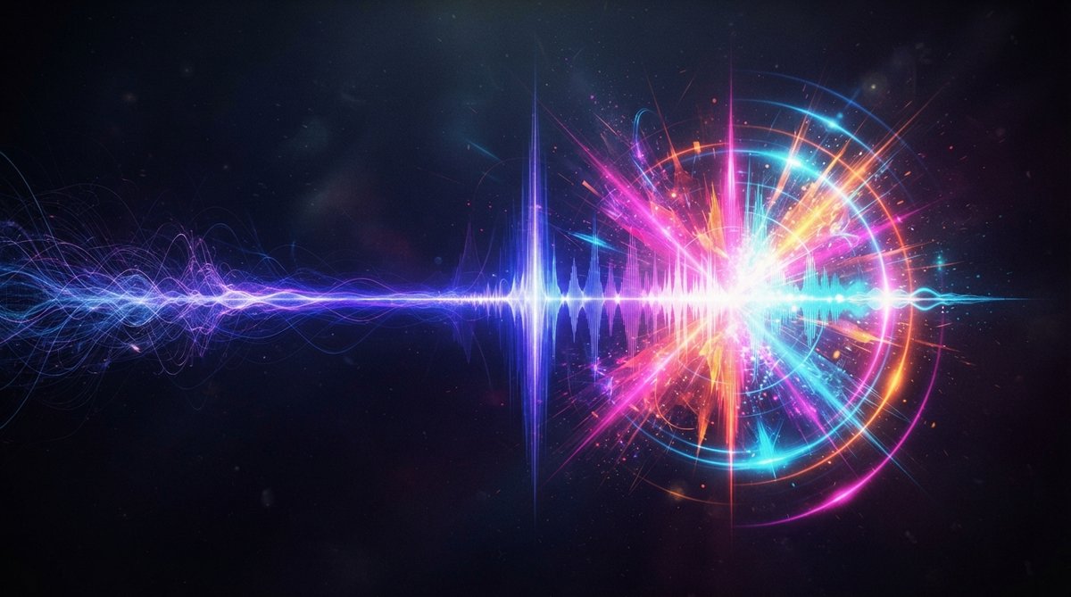 An abstract, dynamic visualization of sound energy in a dance track. A gradient of light and color intensifies and narrows, representing a build-up, then bursts into a wide, vibrant spectrum with strong, rhythmic pulses, symbolizing the impact of a drop. 