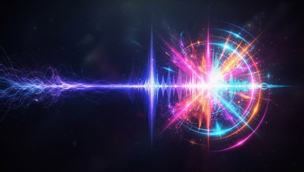 An abstract, dynamic visualization of sound energy in a dance track. A gradient of light and color intensifies and narrows, representing a build-up, then bursts into a wide, vibrant spectrum with strong, rhythmic pulses, symbolizing the impact of a drop.