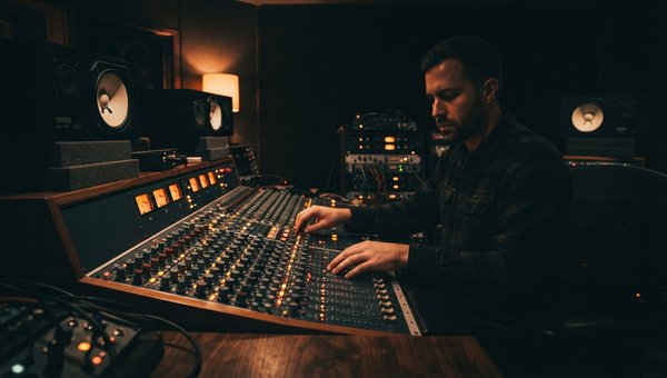 A dimly lit professional mixing studio, focusing on a large mixing desk with glowing faders and monitor speakers. No screens or plugin UIs are visible. The atmosphere is concentrated and calm, suggesting deep audio work.