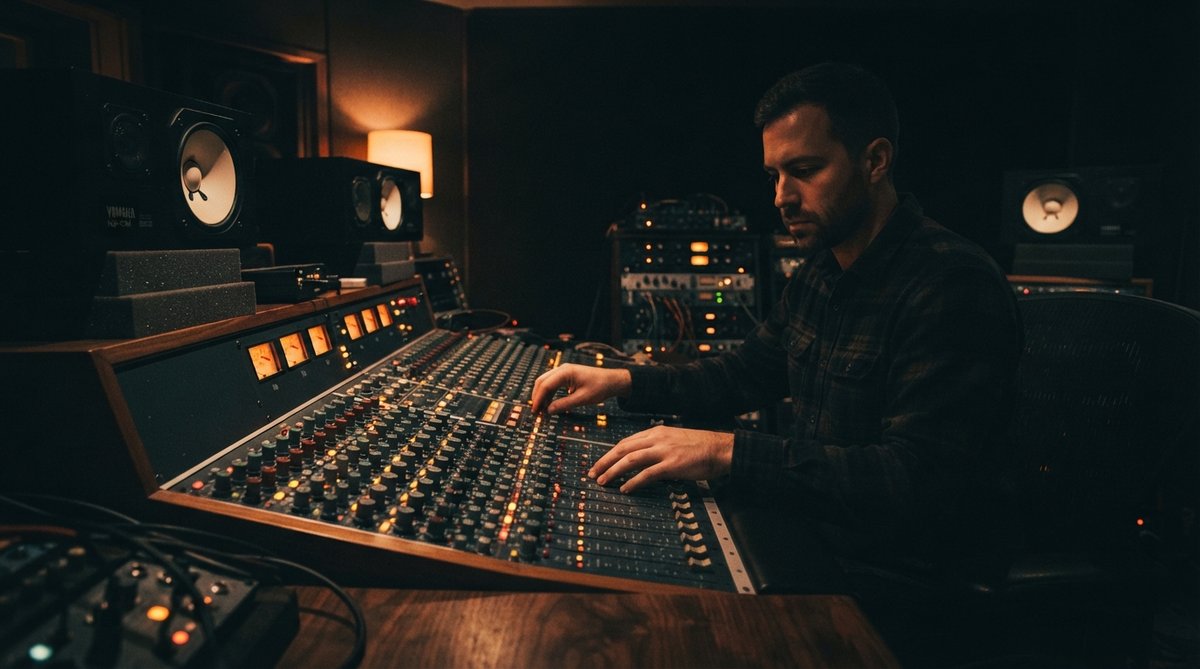 A dimly lit professional mixing studio, focusing on a large mixing desk with glowing faders and monitor speakers. No screens or plugin UIs are visible. The atmosphere is concentrated and calm, suggesting deep audio work.