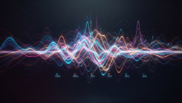 An abstract, vibrant visualization of sound frequencies, focusing on the midrange. Dynamic, colorful waves and spectrum lines intertwine, representing clarity and punch. The image should convey the energy and detail of audio, with a subtle sense of freque