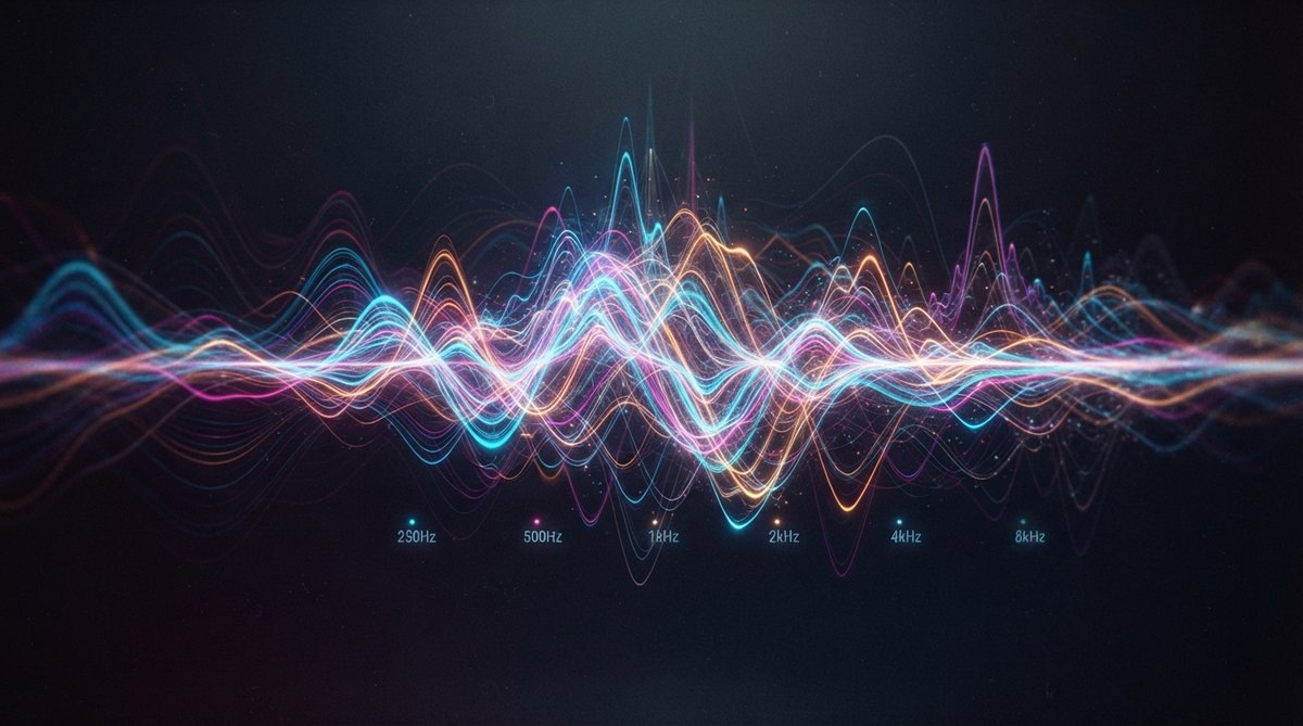An abstract, vibrant visualization of sound frequencies, focusing on the midrange. Dynamic, colorful waves and spectrum lines intertwine, representing clarity and punch. The image should convey the energy and detail of audio, with a subtle sense of freque