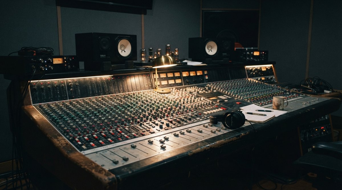 A moody wide shot of a professional recording studio, focusing on a mixing desk with faders and knobs. Soft, diffused lighting highlights the texture of the equipment. Monitor speakers are visible in the background, along with subtle acoustic paneling. No