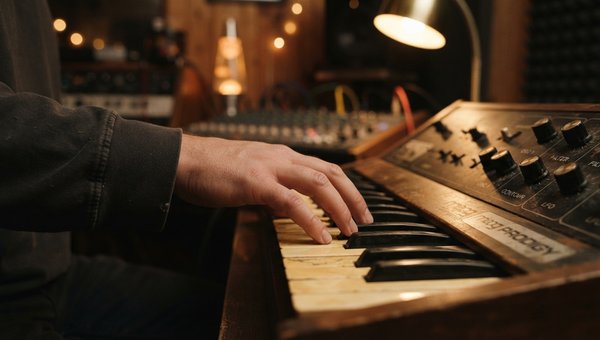 A close-up shot of a hand gently pressing keys on a vintage synthesizer, with soft, warm studio lighting. The focus is on the fingers and keys, conveying the act of musical creation and melodic thought. The background is slightly blurred, hinting at a coz