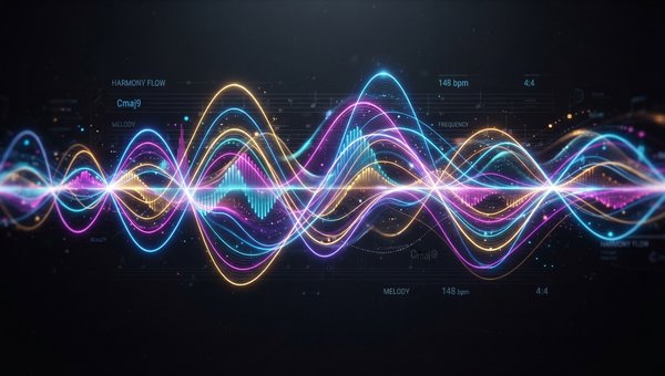 abstract visualization of musical harmony and melody, intertwining colorful waveforms and frequency spectra, representing chords and scales in a dynamic, flowing motion, dark background, vibrant light streaks
