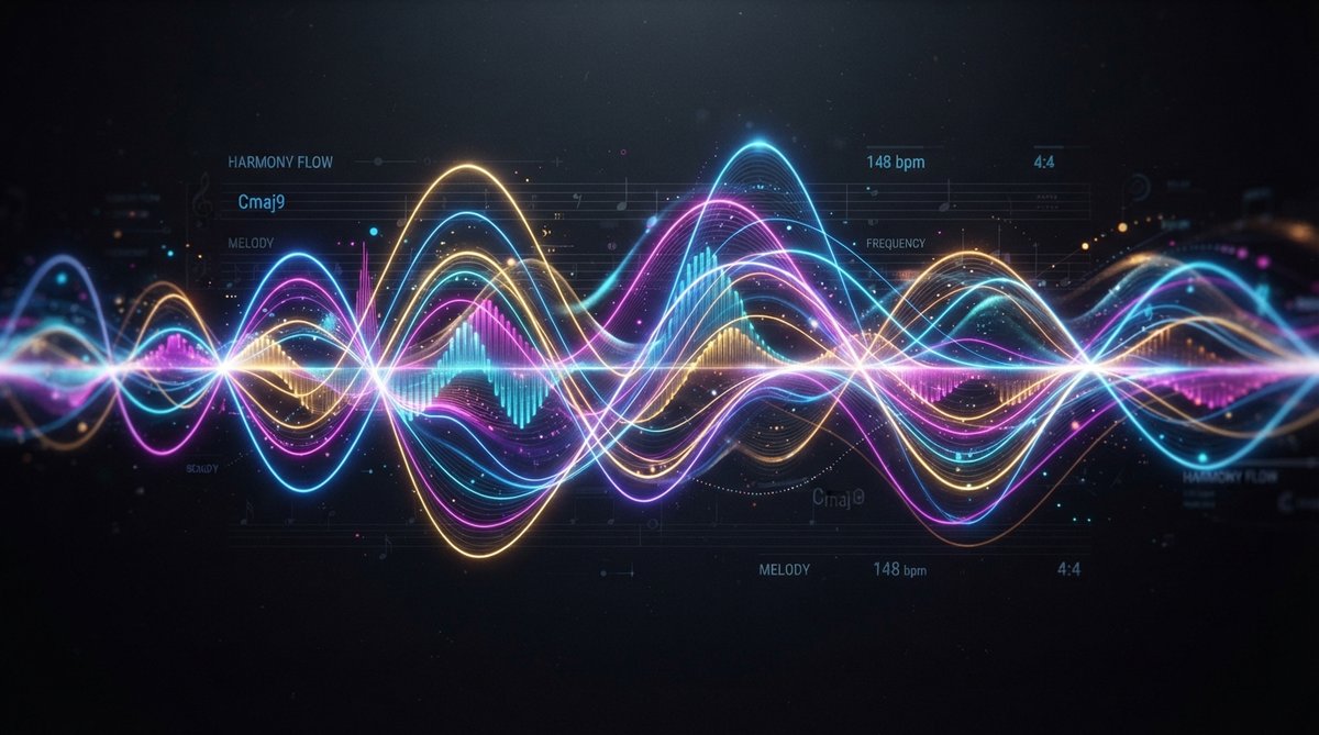 abstract visualization of musical harmony and melody, intertwining colorful waveforms and frequency spectra, representing chords and scales in a dynamic, flowing motion, dark background, vibrant light streaks