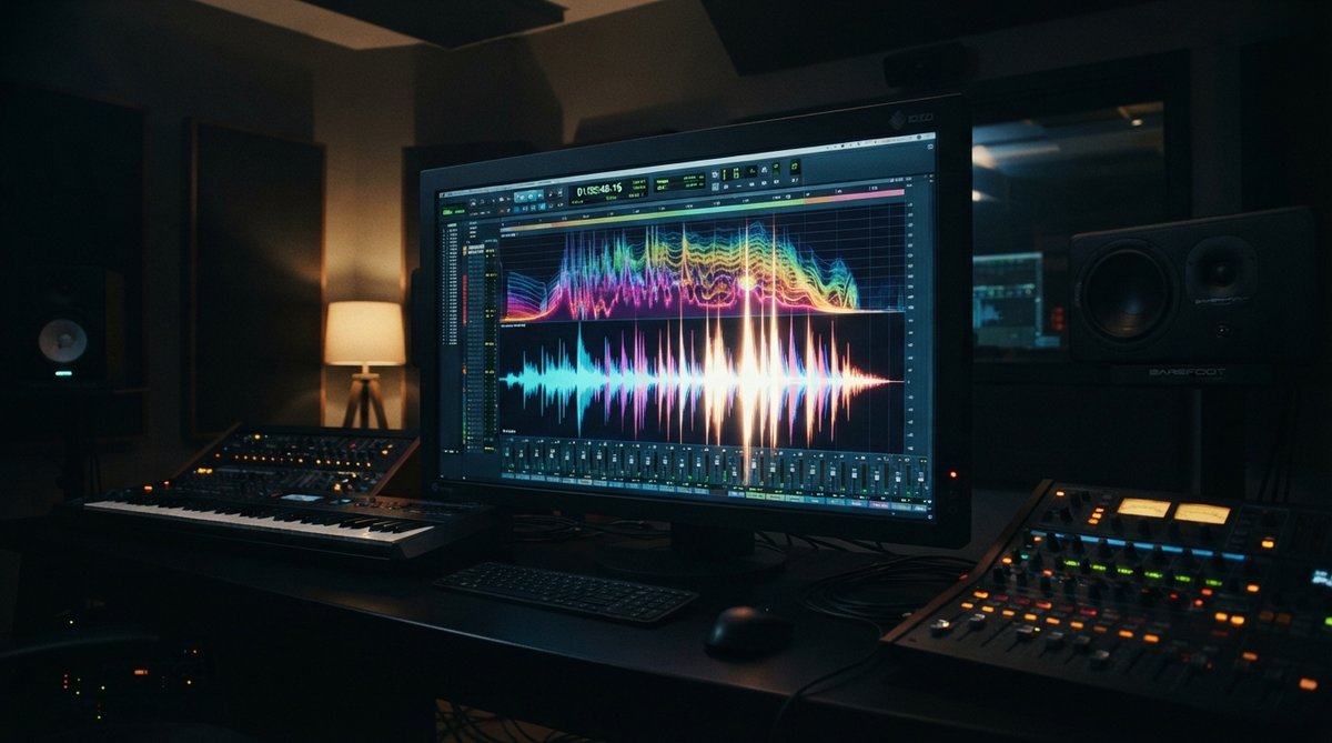 Sound waves visualized as intricate, glowing frequency spectra and waveforms, subtle light trails, and color gradients, representing loudness and true peak levels. Focus on dynamic range and peak transients. Dark, professional studio atmosphere in backgro