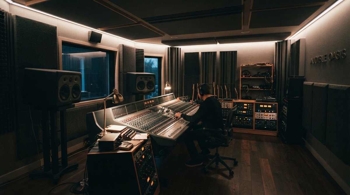 A wide shot of a professional, acoustically treated mixing studio. Soft, diffused lighting creates a focused, calm atmosphere. Acoustic panels and bass traps are subtly visible on the walls and corners. A high-end mixing desk is central, with studio monit