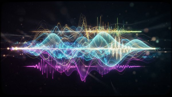 Abstract visualization of multiple sound layers interacting, with distinct frequency bands and waveforms overlapping in a harmonious, complex pattern. Soft, glowing colors against a dark background, representing texture and depth in electronic music.