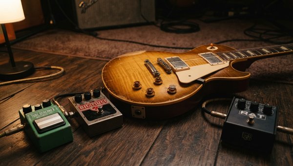 A close-up shot of a vintage electric guitar on a dark wooden floor, surrounded by a few classic-looking guitar pedals (overdrive, distortion, fuzz). Soft, warm studio lighting highlights the textures of the guitar and pedals. No screens or plugin UIs are