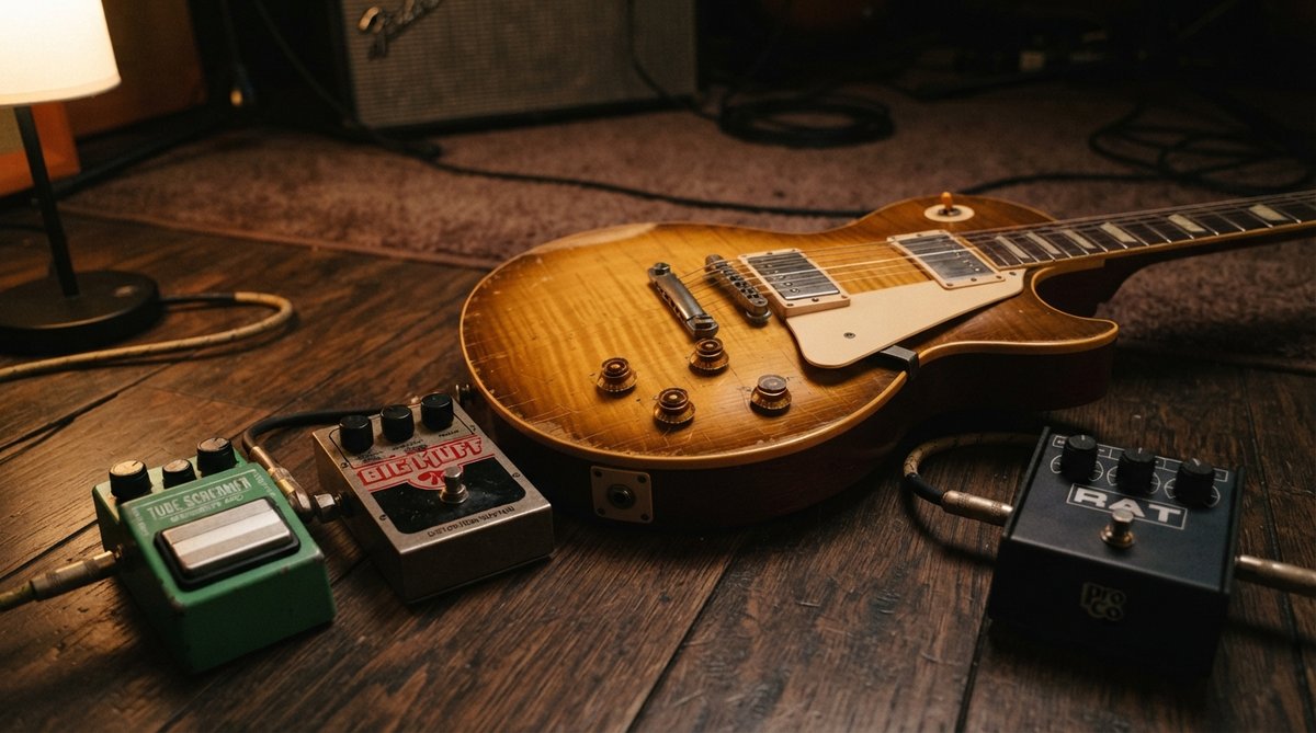 A close-up shot of a vintage electric guitar on a dark wooden floor, surrounded by a few classic-looking guitar pedals (overdrive, distortion, fuzz). Soft, warm studio lighting highlights the textures of the guitar and pedals. No screens or plugin UIs are