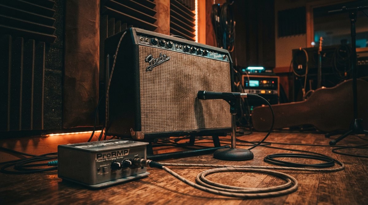 A moody, professional recording studio environment. In the foreground, a close-up of a re-amp box connected to a vintage-style guitar amplifier. A microphone is positioned in front of the amp's speaker. The lighting is soft and warm, highlighting the gear