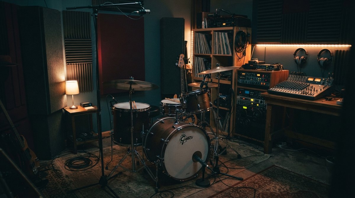 A warm, intimate shot of a compact home recording studio setup. A drum kit is positioned carefully in the center, with acoustic panels and bass traps visible in the corners and on the walls. Subtle lighting highlights the drum shells and cymbals. No compu