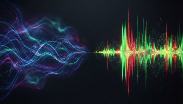 Abstract visualization of sound waves, with one side depicting ethereal, swirling, and evolving light trails in deep blues and purples, representing cinematic textures. The other side shows sharp, impactful, and rhythmic frequency spikes in electric green