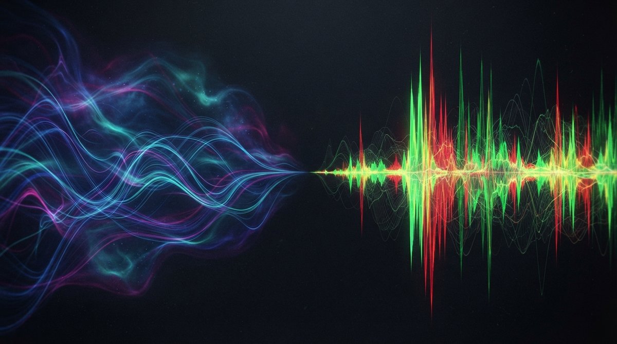Abstract visualization of sound waves, with one side depicting ethereal, swirling, and evolving light trails in deep blues and purples, representing cinematic textures. The other side shows sharp, impactful, and rhythmic frequency spikes in electric green