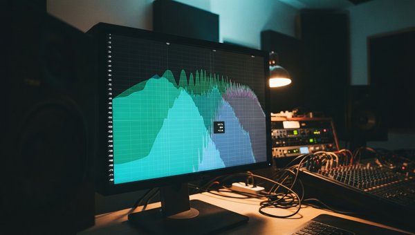 A close-up shot of the Spectrum 2 plug-in user interface displayed on a computer screen in a dimly lit professional music studio. The screen shows detailed multi-channel frequency analysis with vibrant, user-selected colors. Studio monitors and acoustic p