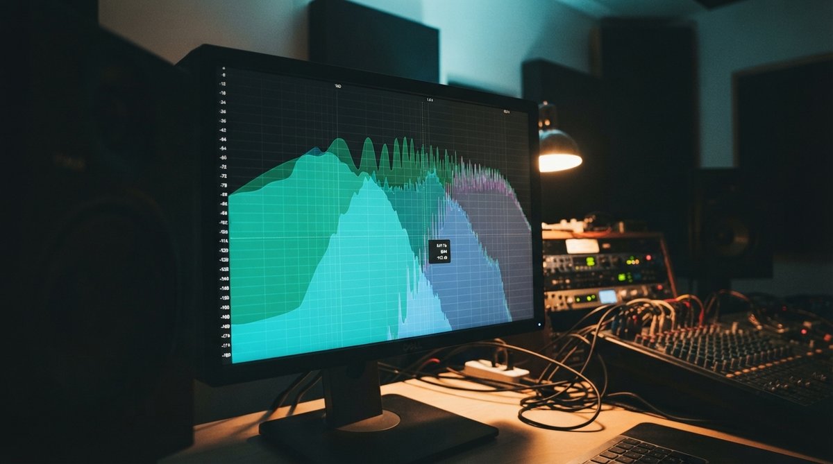A close-up shot of the Spectrum 2 plug-in user interface displayed on a computer screen in a dimly lit professional music studio. The screen shows detailed multi-channel frequency analysis with vibrant, user-selected colors. Studio monitors and acoustic p