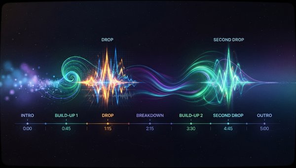 Abstract representation of musical flow and song structure, with distinct sections visually connected by dynamic lines and evolving color gradients, symbolizing transitions and build-ups in electronic music. Smooth, energetic, modern aesthetic, rich in bl