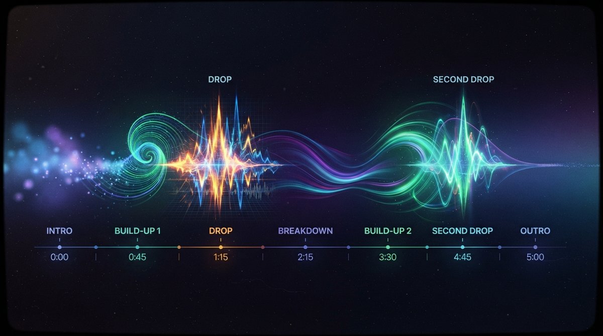 Abstract representation of musical flow and song structure, with distinct sections visually connected by dynamic lines and evolving color gradients, symbolizing transitions and build-ups in electronic music. Smooth, energetic, modern aesthetic, rich in bl