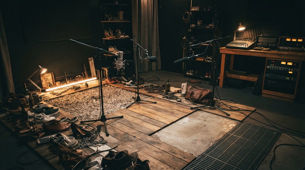A moody, atmospheric shot inside a foley recording stage. Microphones are set up over various surfaces like wooden planks, gravel, and concrete. A foley artist's props are scattered around, but no person is visible. Soft, focused lighting highlights the t