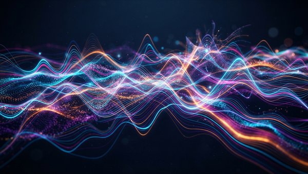 An abstract, vibrant visualization of sound waves and frequency spectra interacting and evolving, representing the complex interplay of algorithms and chance in generative music. Dynamic light trails and color gradients flow across the image, suggesting m