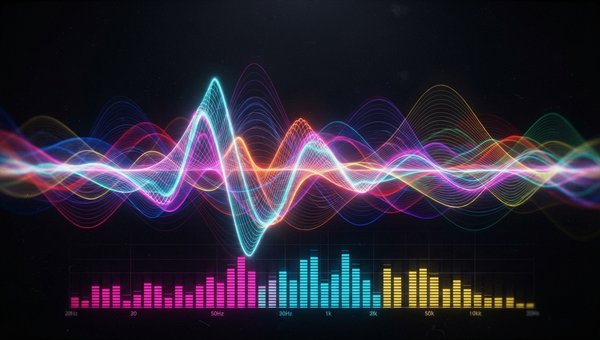 An abstract visualization of sound waves, showing multiple layered waveforms with different harmonic structures blending together. Bright, vibrant colors representing different frequency bands, with subtle saturation effects visible as glowing edges on th