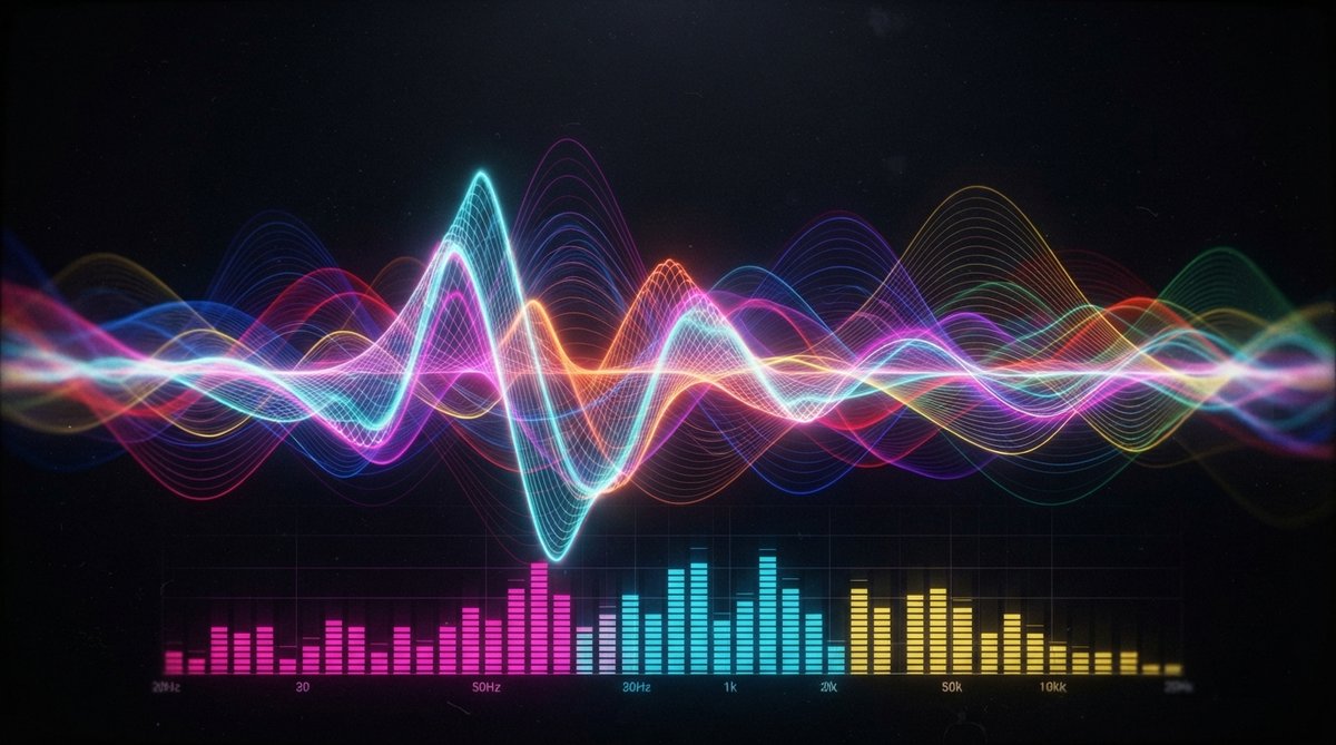 An abstract visualization of sound waves, showing multiple layered waveforms with different harmonic structures blending together. Bright, vibrant colors representing different frequency bands, with subtle saturation effects visible as glowing edges on th