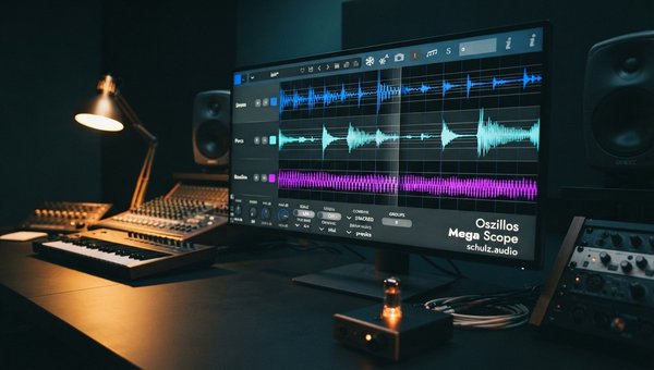 A close-up shot of the Oszillos Mega Scope plugin UI displayed on a large, high-resolution monitor in a dimly lit, modern studio. The oscilloscope shows a clean, dynamic audio waveform with clear headroom, demonstrating ideal gain staging. Studio monitor 