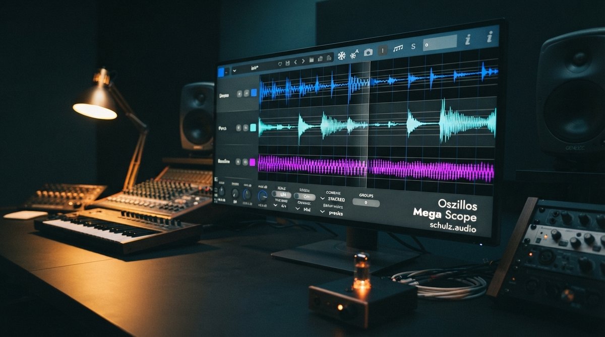 A close-up shot of the Oszillos Mega Scope plugin UI displayed on a large, high-resolution monitor in a dimly lit, modern studio. The oscilloscope shows a clean, dynamic audio waveform with clear headroom, demonstrating ideal gain staging. Studio monitor 