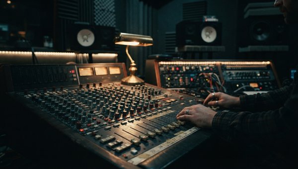 A moody, atmospheric shot of a professional mixing desk with monitor speakers, acoustic panels visible in the background. Subtle studio lighting, no screens or plugin UIs visible, focusing on the tactile aspect of mixing. Soft focus on the console faders.