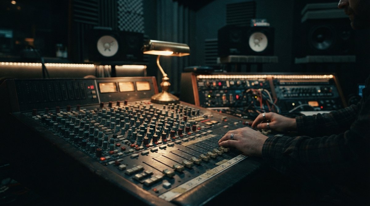 A moody, atmospheric shot of a professional mixing desk with monitor speakers, acoustic panels visible in the background. Subtle studio lighting, no screens or plugin UIs visible, focusing on the tactile aspect of mixing. Soft focus on the console faders.