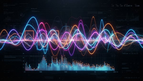 An abstract visualization of sound waves and frequency spectra, rendered in vibrant, glowing colors against a dark, futuristic background. The image should convey rhythmic movement and detailed sonic information, with waveforms interacting dynamically.
